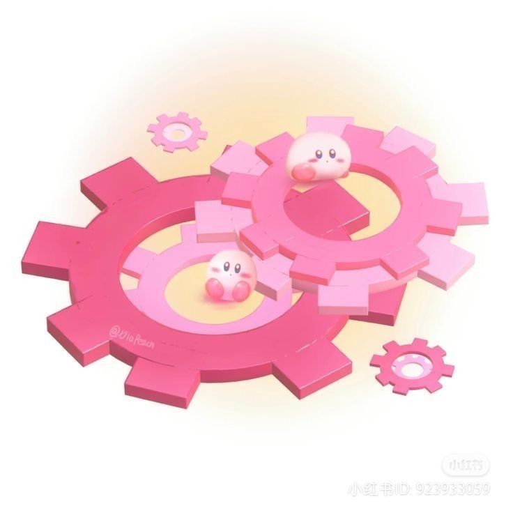 Two little kirbys sitting on a set of pink gears!